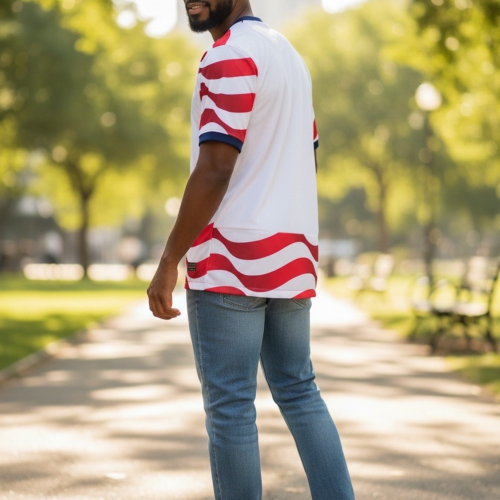 USA unisex Red & White Wavy Stripe Men's Soccer Jersey - Picture 4 of 4